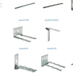 Różnorodne łączniki do ścianek działowych i murów, w tym modele P30, ZIGZAG, K1, K2, DS i DS2, wykonane z metalu.