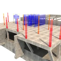 Renderowanie 3D konstrukcji betonowej z widocznym zbrojeniem w postaci prętów.