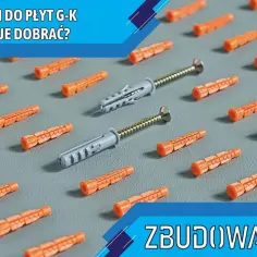 Pomarańczowe kołki do płyt G-K i dwa szare z wkrętami. Dowiedz się, jakie kołki do gk wybrać, by Twoje mocowania były solidne.