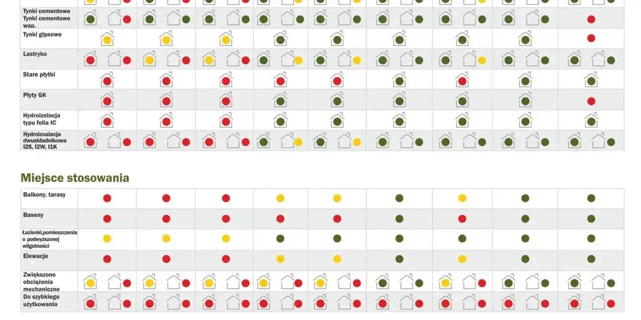 Ranking klejów do płytek na zewnątrz: tabela pokazuje zastosowanie różnych rodzajów klejów w zależności od podłoża i miejsca montażu.