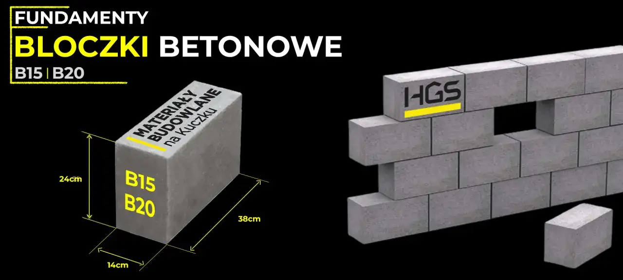 Ściana z bloczków betonowych HGS B15 B20, idealnych do fundamentów. Wymiary: 24x14x38cm.