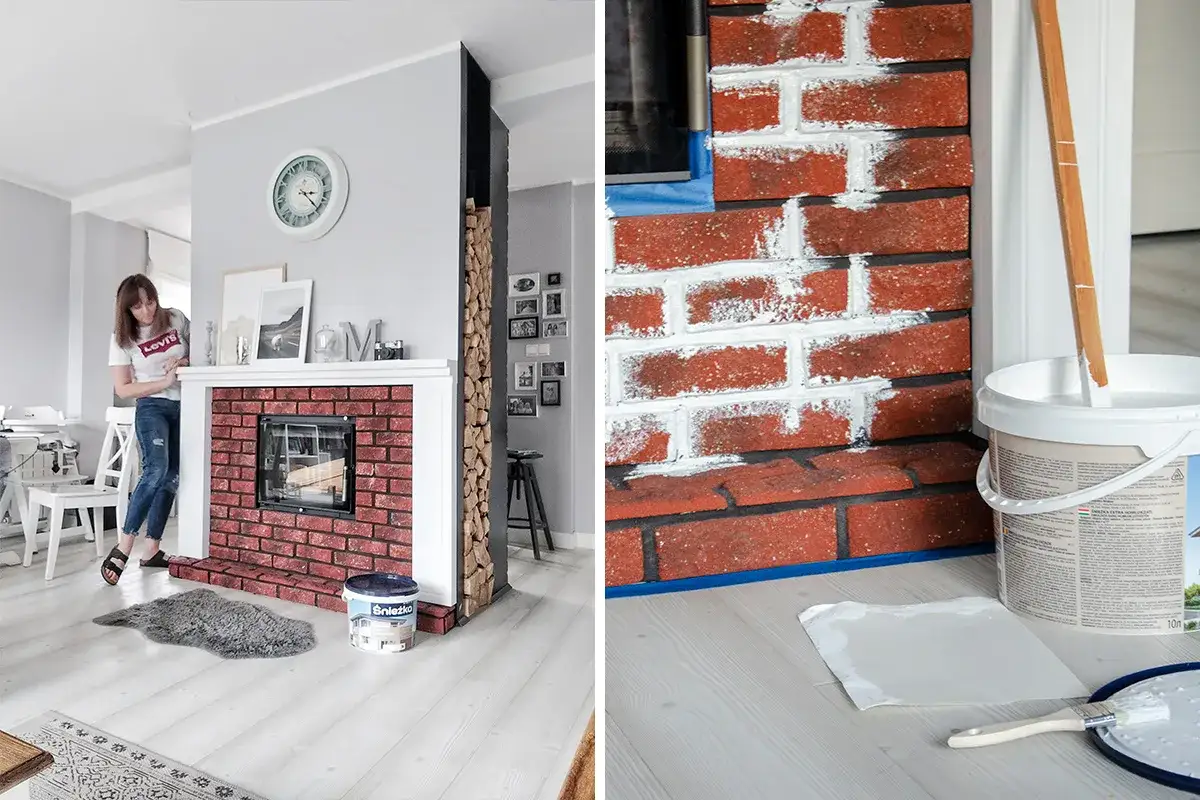 Jak pomalować kominek z cegły? Kobieta maluje ceglany kominek na biało. Obok wiadro z farbą i pędzel.