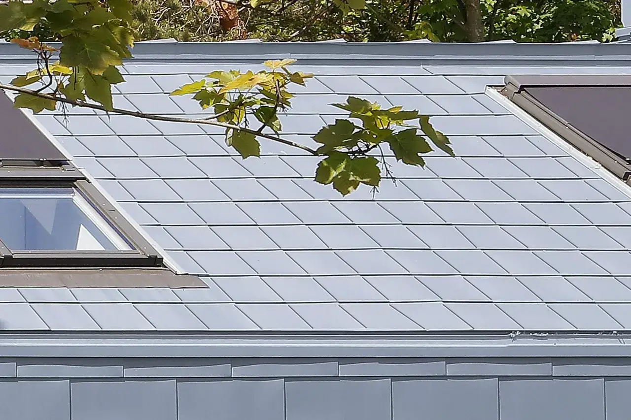 Szare, łupkowe kamienie na dachu, z zielonymi liśćmi drzewa zwisającymi nad nimi. Widoczny fragment okna dachowego.