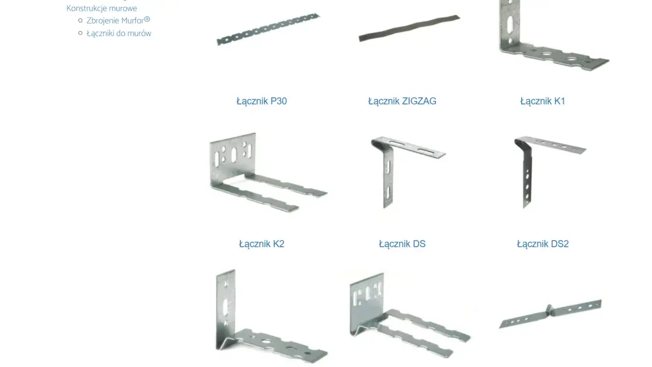 Różnorodne łączniki do ścianek działowych, w tym modele P30, ZIGZAG, K1, K2, DS i DS2, wykonane z metalu.