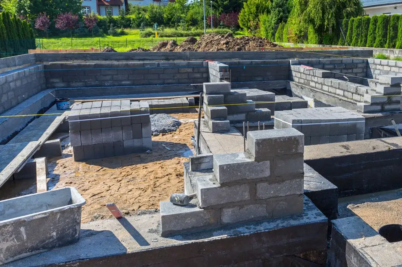 Budowa fundamentów z bloczków betonowych. Widać ułożone warstwy, sterty materiału i narzędzia budowlane.