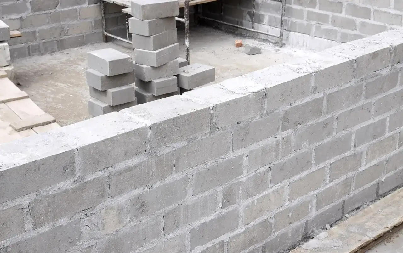 Budowa trwa, widać ułożoną ścianę z bloczków betonowych i stosy kolejnych elementów.