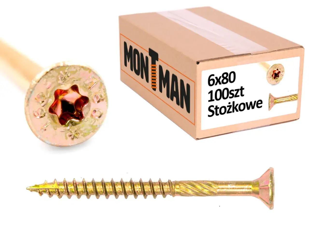 Złote wkręty do drewna ciesielskie stożkowe 6x80 mm, 100 sztuk w opakowaniu. Solidne mocowanie dla Twoich projektów.