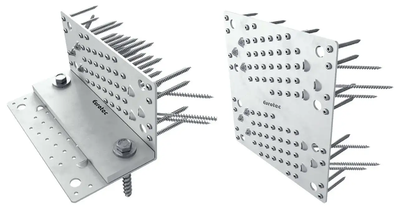 Dwa metalowe elementy z licznymi otworami i wkrętami, tworzące gwintowany łącznik do drewna.